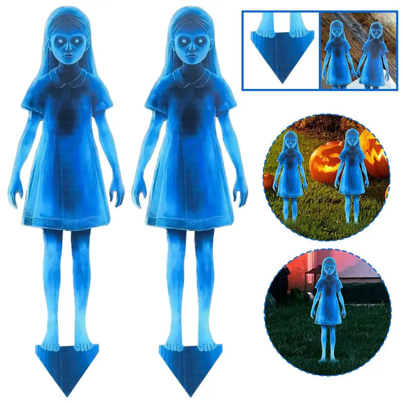 Halloween Scary Ghost Girl Garden Stake – Twin Female Ghost Metal Decoration 👻