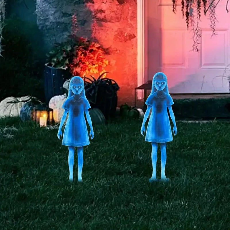 Halloween Scary Ghost Girl Garden Stake – Twin Female Ghost Metal Decoration 👻